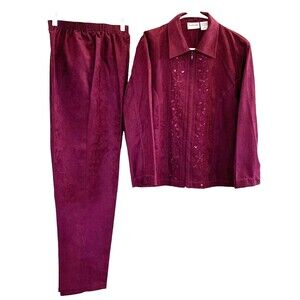 BonWorth 3-PC Pants Set Petite XS Cranberry Embroidered Full Zip Jacket Top 90s